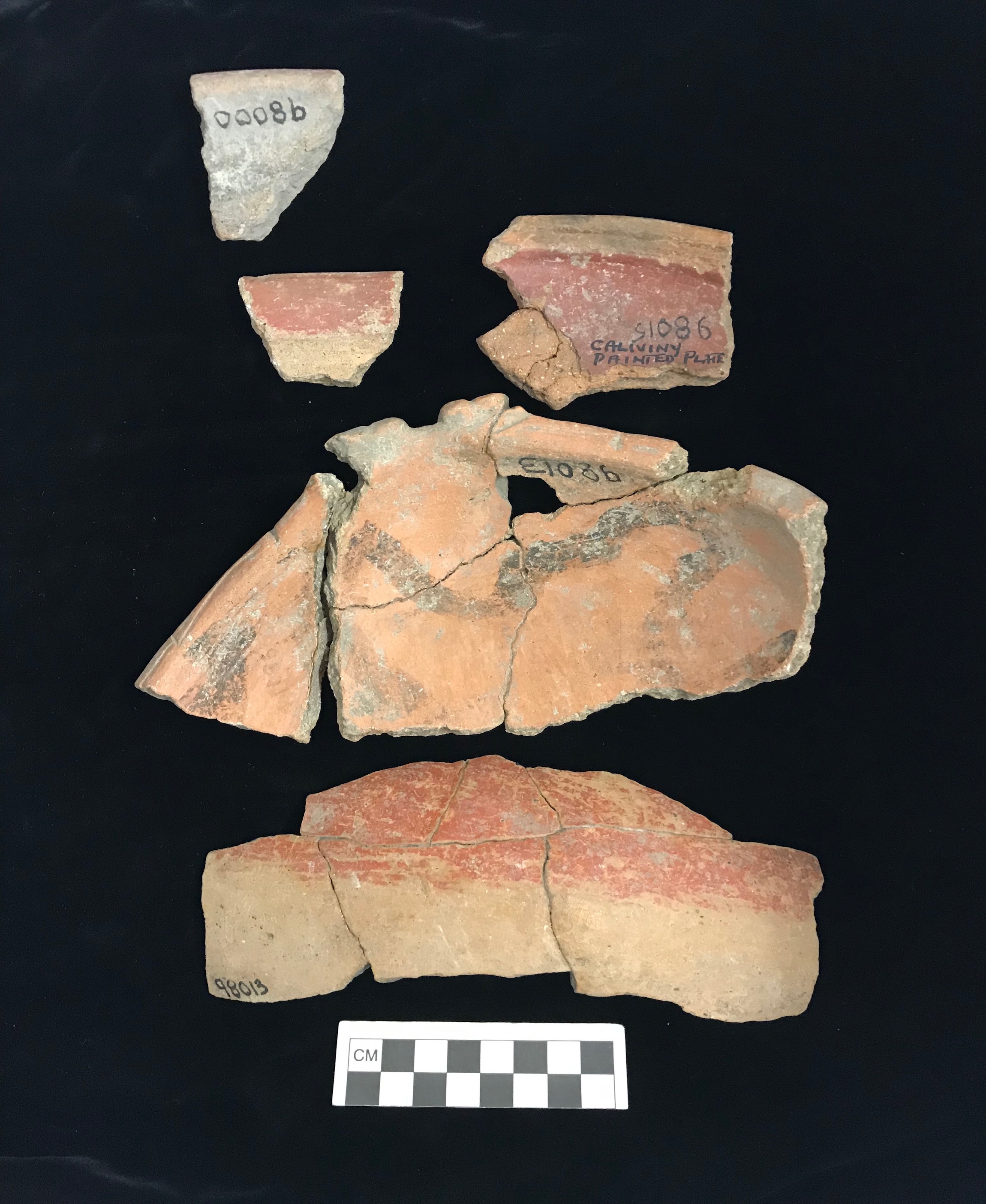 Plate XIX. CALIVINY PAINTED PLATE, DECORATED BASIN, AND WESTERHALL RED-PAINTED SHERDS. FLMNH Acc. Nos. 98000, 98013, and 98015. 